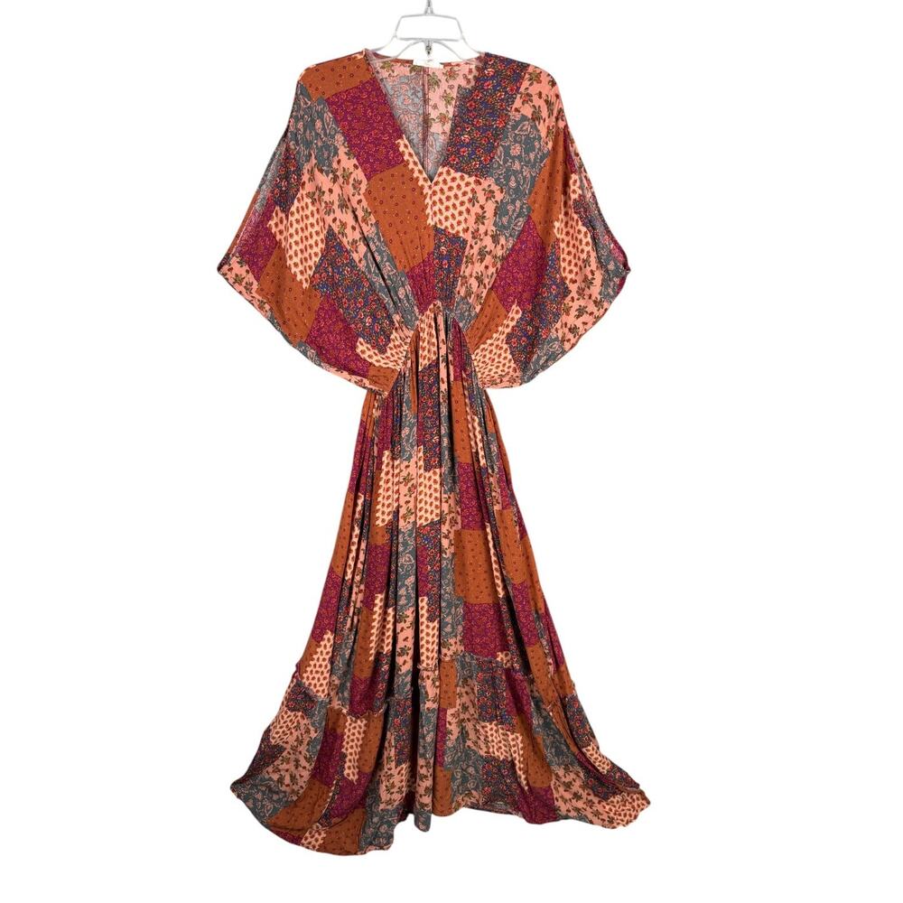 Easel Patchwork Print V-Neck Maxi Dress Ruffle Hem Kimono Sleeve Boho Flowy - Picture 3 of 12